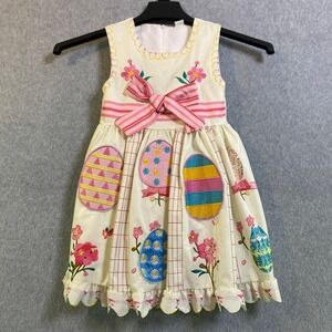 Mini Taylor Easter Egg Dress Girls 4-5Y Cream Pink Embroidered Bow Spring EUC